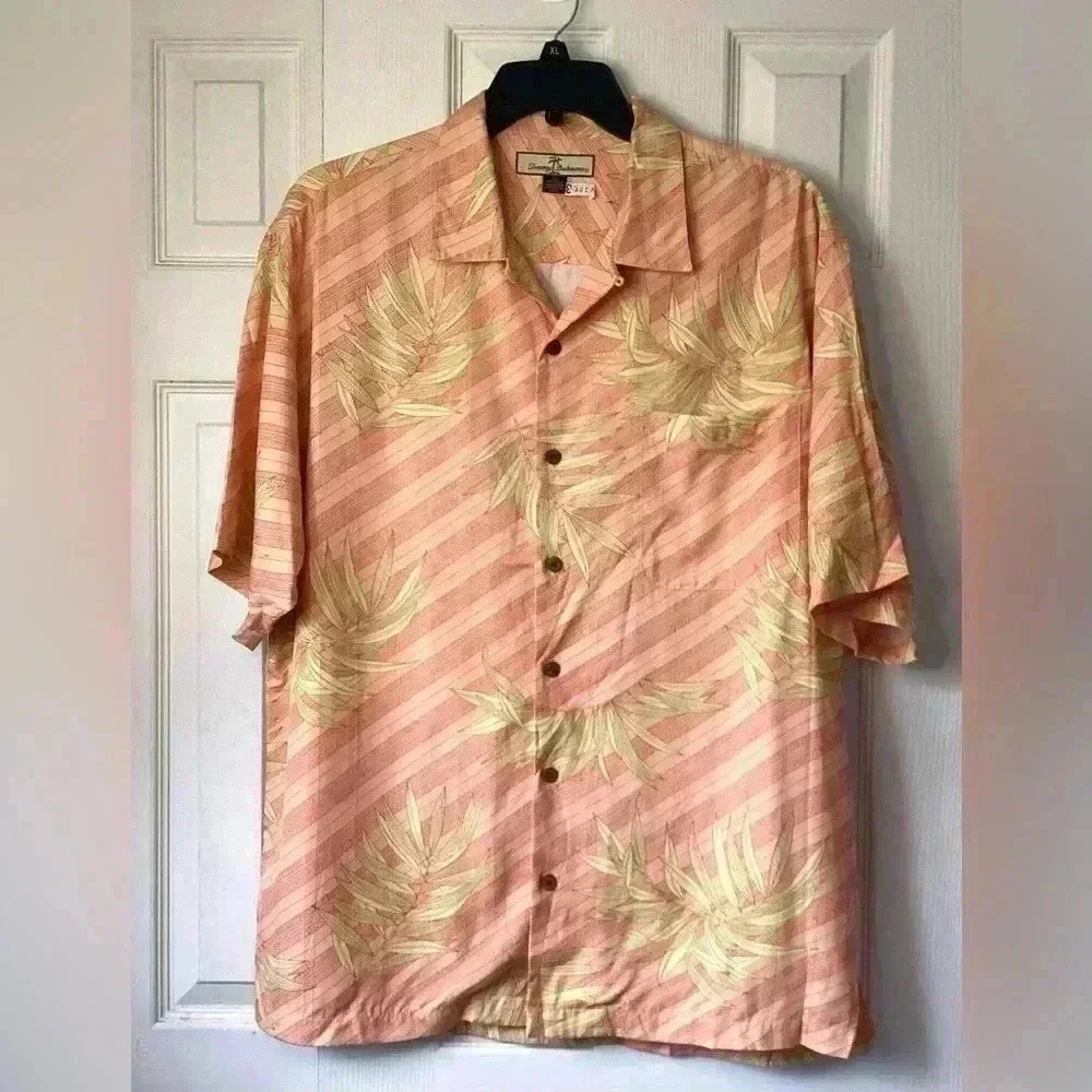 Tommy Bahama Mens Shirt Large Tropical Silk Wood Button Up Beach Wood Collar